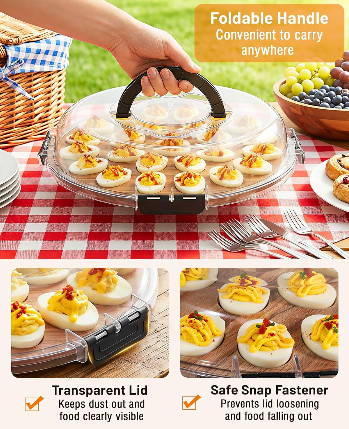 Nuovoware Deviled Egg Containers with Lid, 25 Slots, 11.8x11.8, Wood