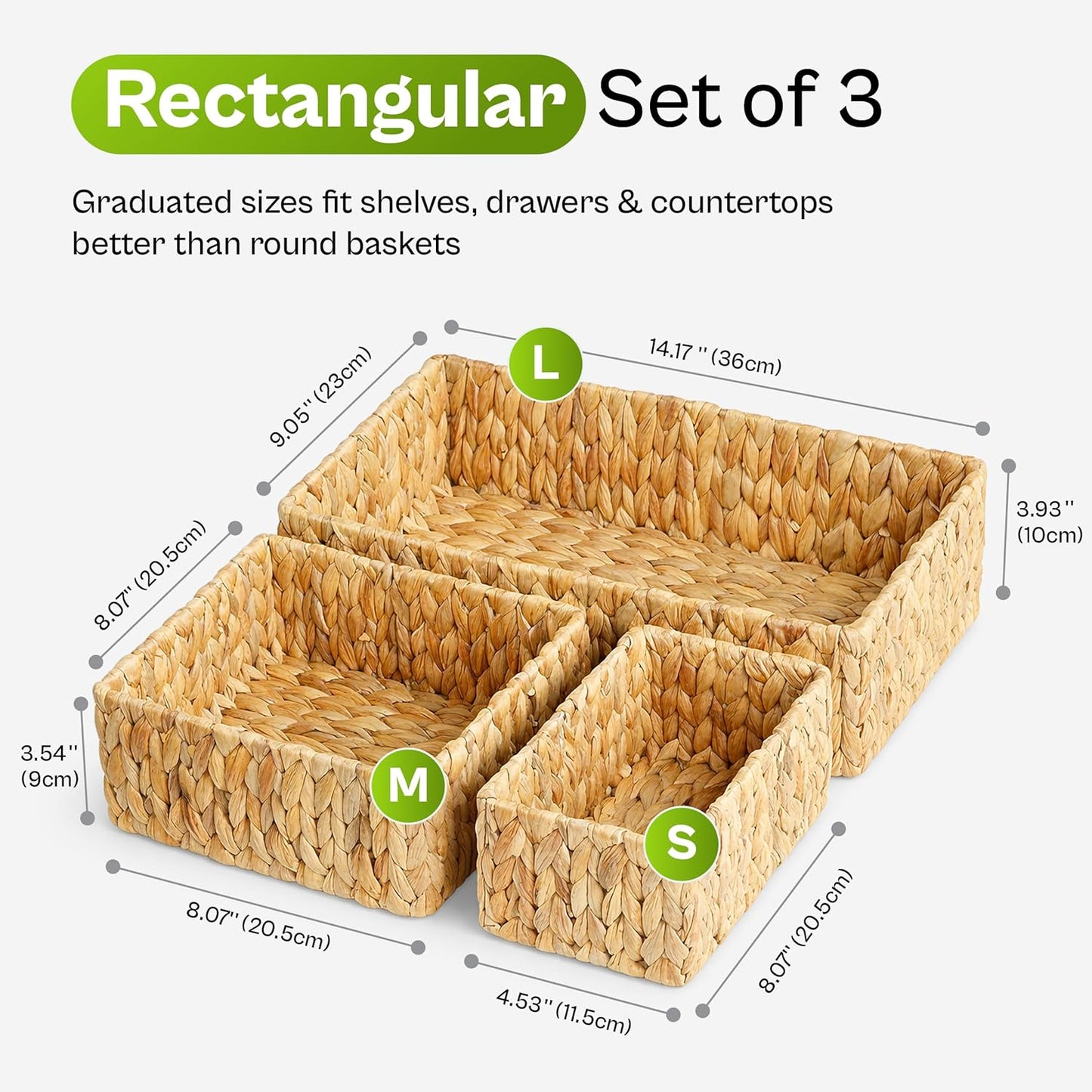 Storage Baskets for Shelves Set of 3, Open-Top Wicker Storage Bins with Handles, Shelf Organizer Baskets for Pantry, Closet & Bathroom, Water Hyacinth Baskets with Tissue Box Cover