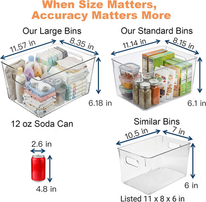 MOONEDGE 4 Pack Clear Plastic Organizer Bins, 2 Large & 2 Small Storage Set | Storage Bins for Pantry, Space-Saving Organizer Containers for Cabinets, Under-Sink, Bathroom, Kitchen, Freezer, Home Storage