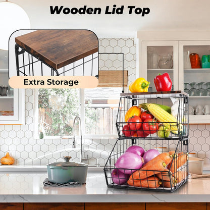 White Fruit Bowl Wire Basket Storage Pantry Fruit and Vegetable Storage Fruit Basket for Kitchen Counter Stackable Wall Mounted Hanging Basket Wire Basket with Wood Lid with Hanger Hooks
