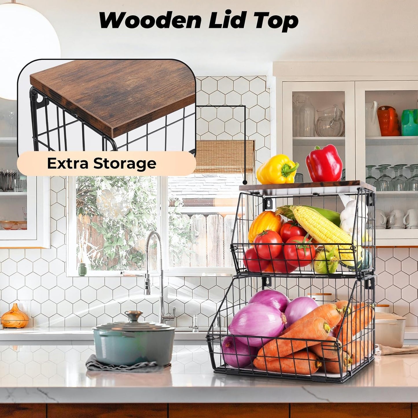 White Fruit Bowl Wire Basket Storage Pantry Fruit and Vegetable Storage Fruit Basket for Kitchen Counter Stackable Wall Mounted Hanging Basket Wire Basket with Wood Lid with Hanger Hooks