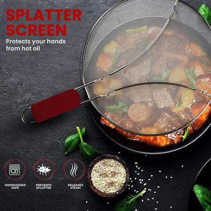 13" Grease Splatter Screen for Cooking | Stainless Steel Oil Splatter Guard and Ultra-Fine Mesh Protects Skin from Burns | TPR Tight-Grip Handle (Black)