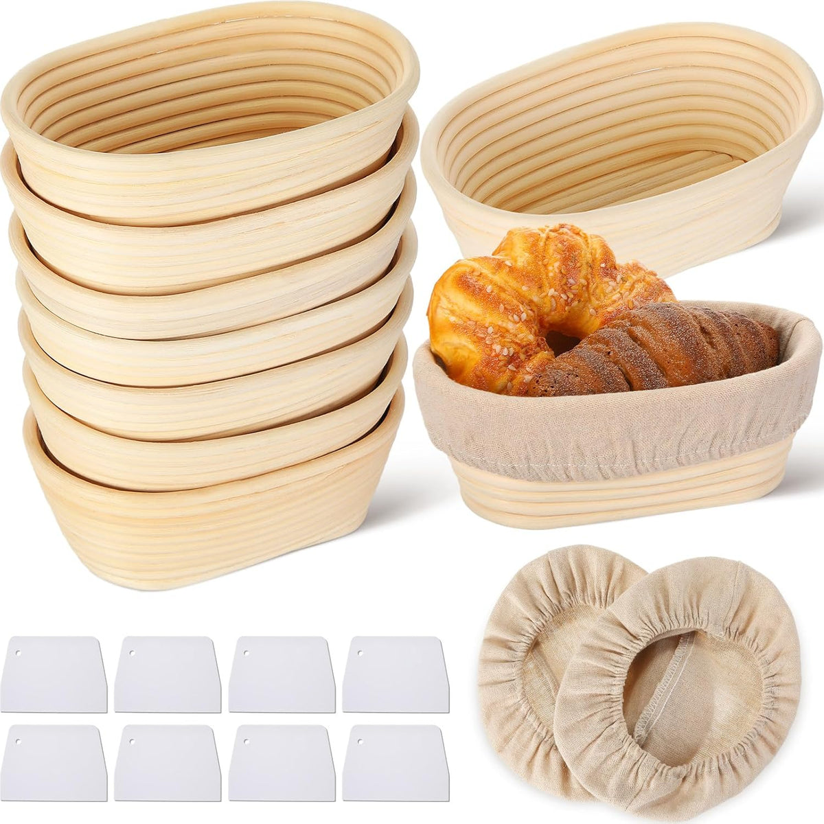 Gejoy 8 Pack 10 Inch Oval Banneton Bread Proofing Basket for Bakers