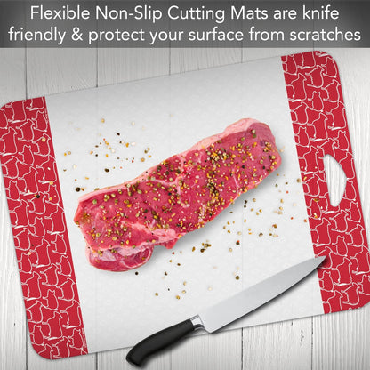 Cut N' Funnel Non-Slip Flexible Plastic Cutting Board Mat 4 Pack, Made in the USA Clear with Brightly Patterned Food Type Borders BPA Free 16" by 12"