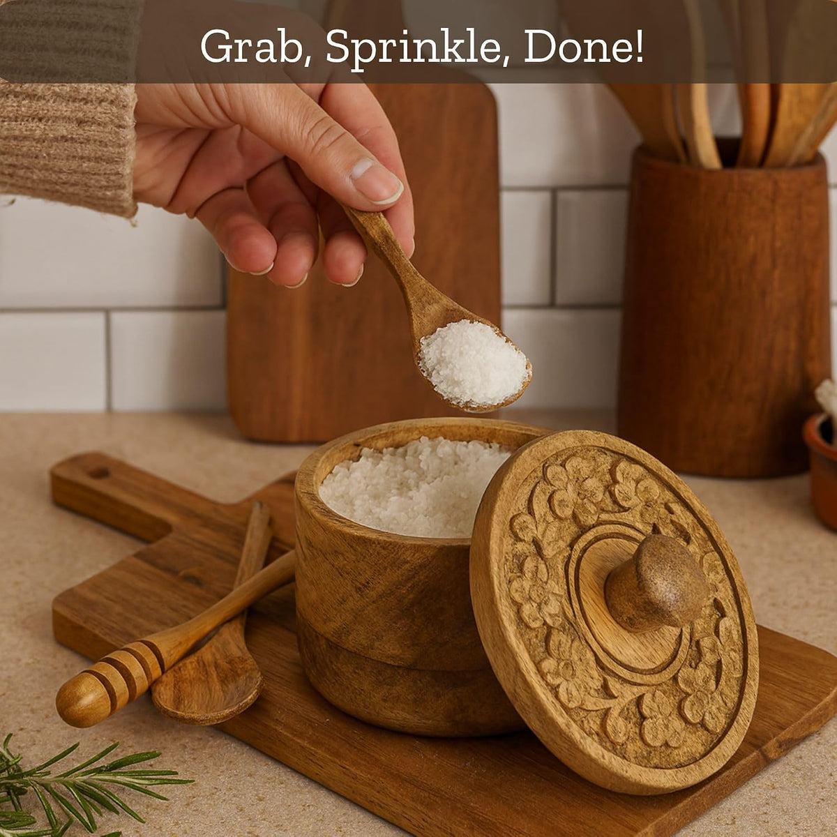 Mie Creations Rustic Salt Box Cellar with Lid & Spoon, Mango Wood Floral