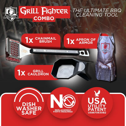 Grill Brush, Steel Bristle-Free BBQ Grill Cleaner with SteelCloth™ Stainless Steel Chainmail, Ergonomic Handle for Cast Iron, Stainless Steel & Porcelain-Coated Grates, 1 Pack