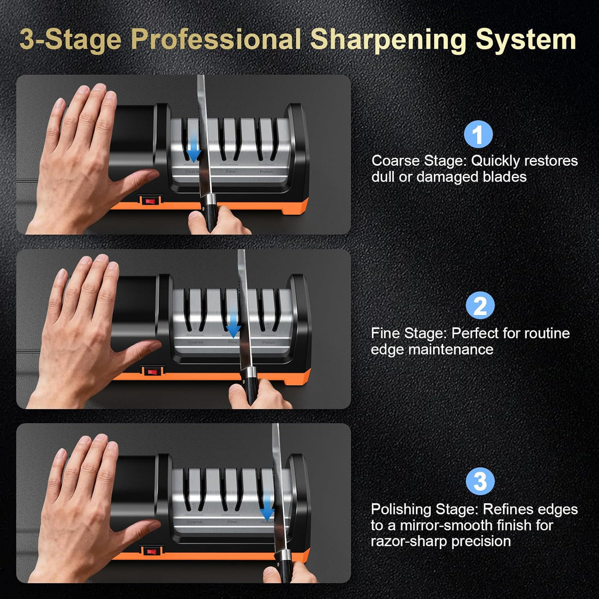 Electric Knife Sharpener 100% Diamond Abrasives, 3 Stages Knife Sharpener