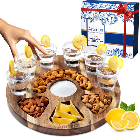 Tequila Shot Glasses Wooden Tray for Gift and Decorations, Elegant Serving Tray for Parties and Celebrations, Shot Glasses Set, Charcuterie Boards, with Six Drinking Glasses, Bar Accessories