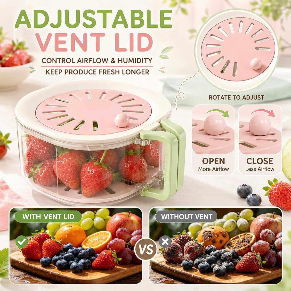 Fruit Vegetable Washing Bowl with Strainer and Lid, Multifunctional Portable Colander, Berry Lettuce Storage Container for Fridge Refrigerator Kitchen Organization, BPA‑Free Food‑Safe Drain Container