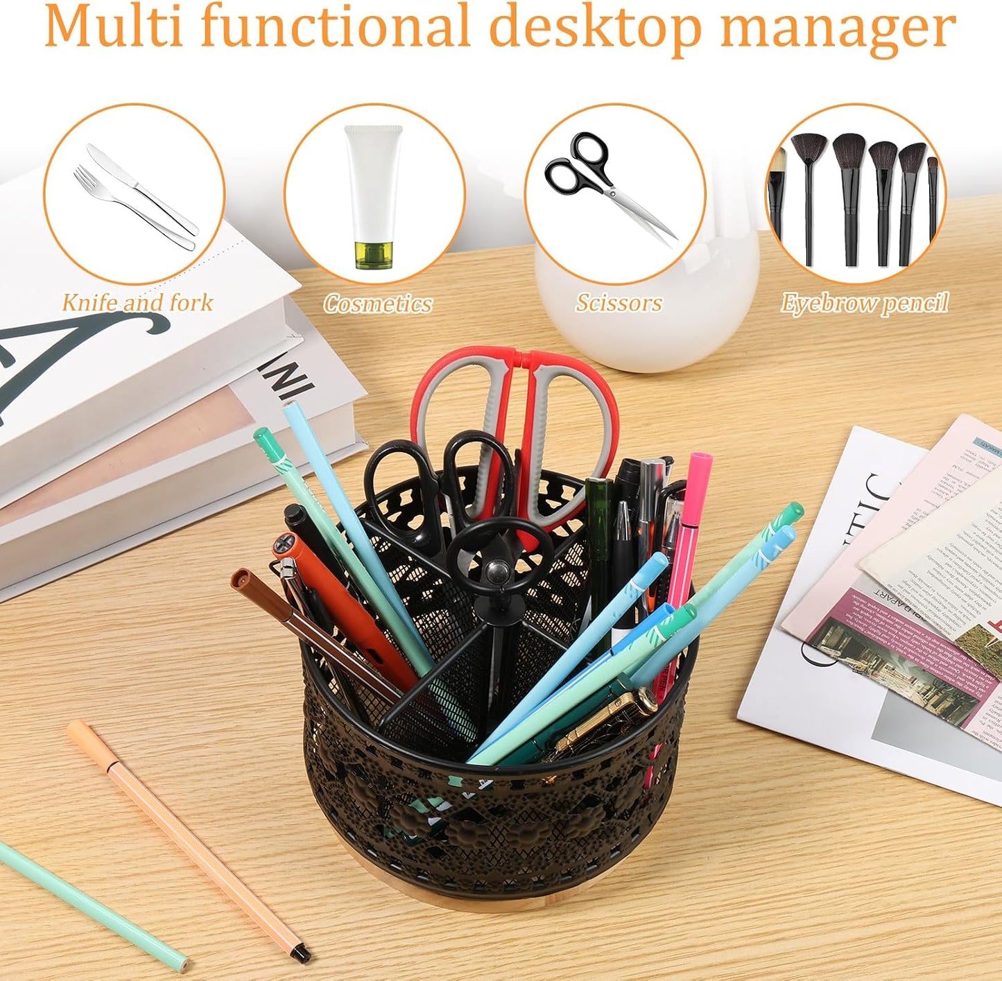 360° Rotating Utensil Caddy Countertop, Cutlery Silverware Caddy Holder with 4 Compartment, Rotation Fork Spoon Napkin Organizer for Party Countertop Buffet Picnic Camping Outdoor