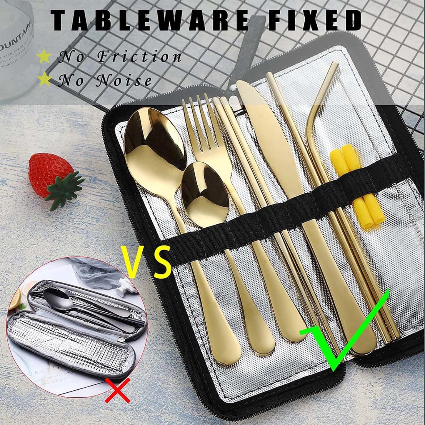 VANDBAO Camping Utensils Set, Portable Travel Utensils with Case for Fixing Tableware, Reusable Stainless Steel Stable Cutlery Set, Lunch Picnic Flatware Silverware (Rainbow Set)