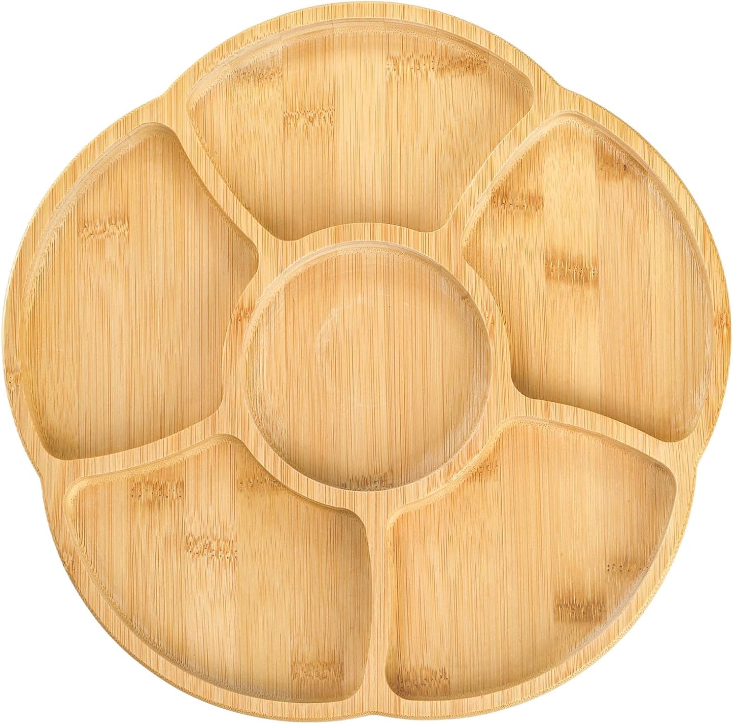 Cididu 12'' Lazy Susan Serving Tray, Bamboo Food Tray, Appetizer Divided Serving Platter Dishes, 360° Rotating Relish Party Tray, 6 Compartments Bamboo Tray for Snack Nut Fruit Veggie Chip and Dip