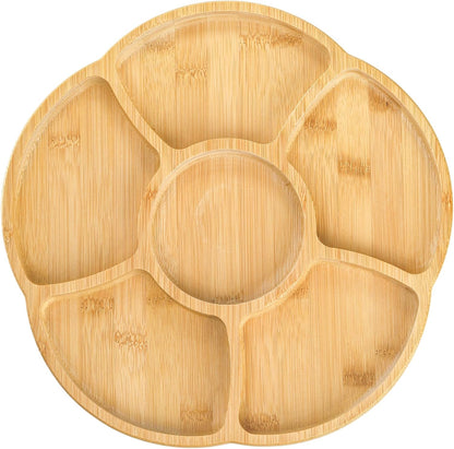 Cididu 12'' Lazy Susan Serving Tray, Bamboo Food Tray, Appetizer Divided Serving Platter Dishes, 360° Rotating Relish Party Tray, 6 Compartments Bamboo Tray for Snack Nut Fruit Veggie Chip and Dip