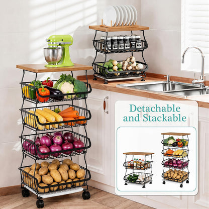 VECELO 4-Tier Fruit Basket with Wheels, Fruit and Vegetable Storage Cart for Kithchen, Stackable Produce Organizer Wire Baskets for Kitchen, Pantry, Living Room