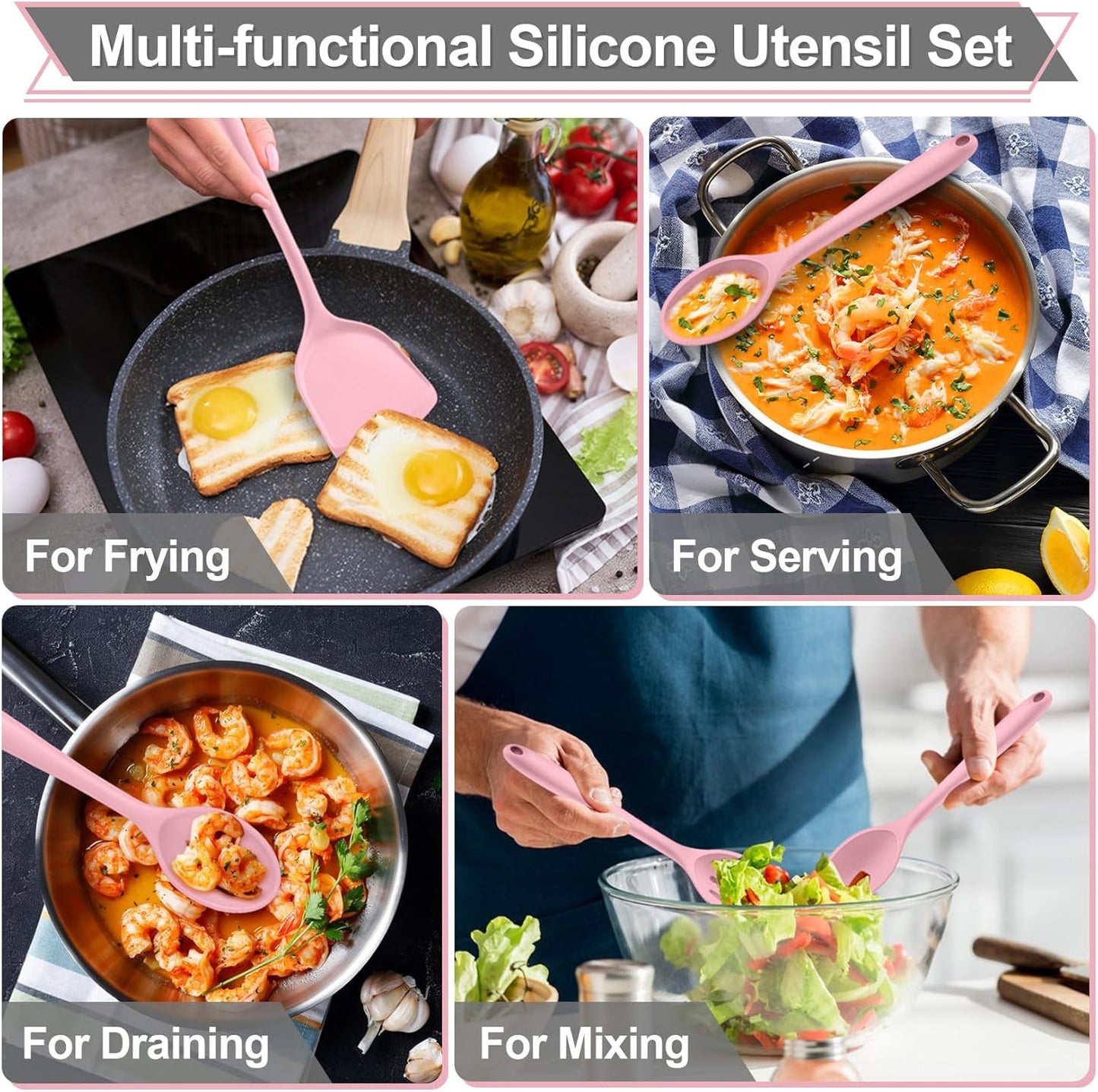 P&P CHEF Kitchen Utensil Set, 4 Pieces Non-stick Silicone Cooking Utensils, Heat-resistant Slotted Solid Spoon Turner for Frying, Mixing, Serving, Non-toxic & Easy to Clean, Blue