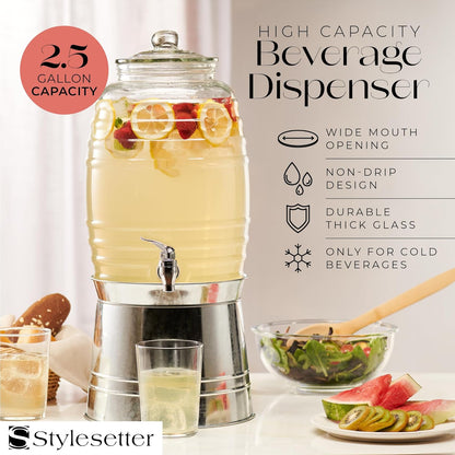 Style Setter Oak Grove Glass Beverage Dispenser with Stand - 2.5 Gallon Drink Dispenser with Galvanized Base & Leak-Proof Acrylic Spigot - Birthday, Wedding, Party Drink Dispenser with Stand