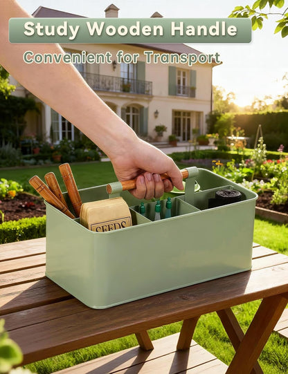 Caddy Organizer with Wooden Handle, Metal Utensil Caddy with 4 Compartments, Picnic Caddy Paper Plate Organizer Utensil Holder for Party