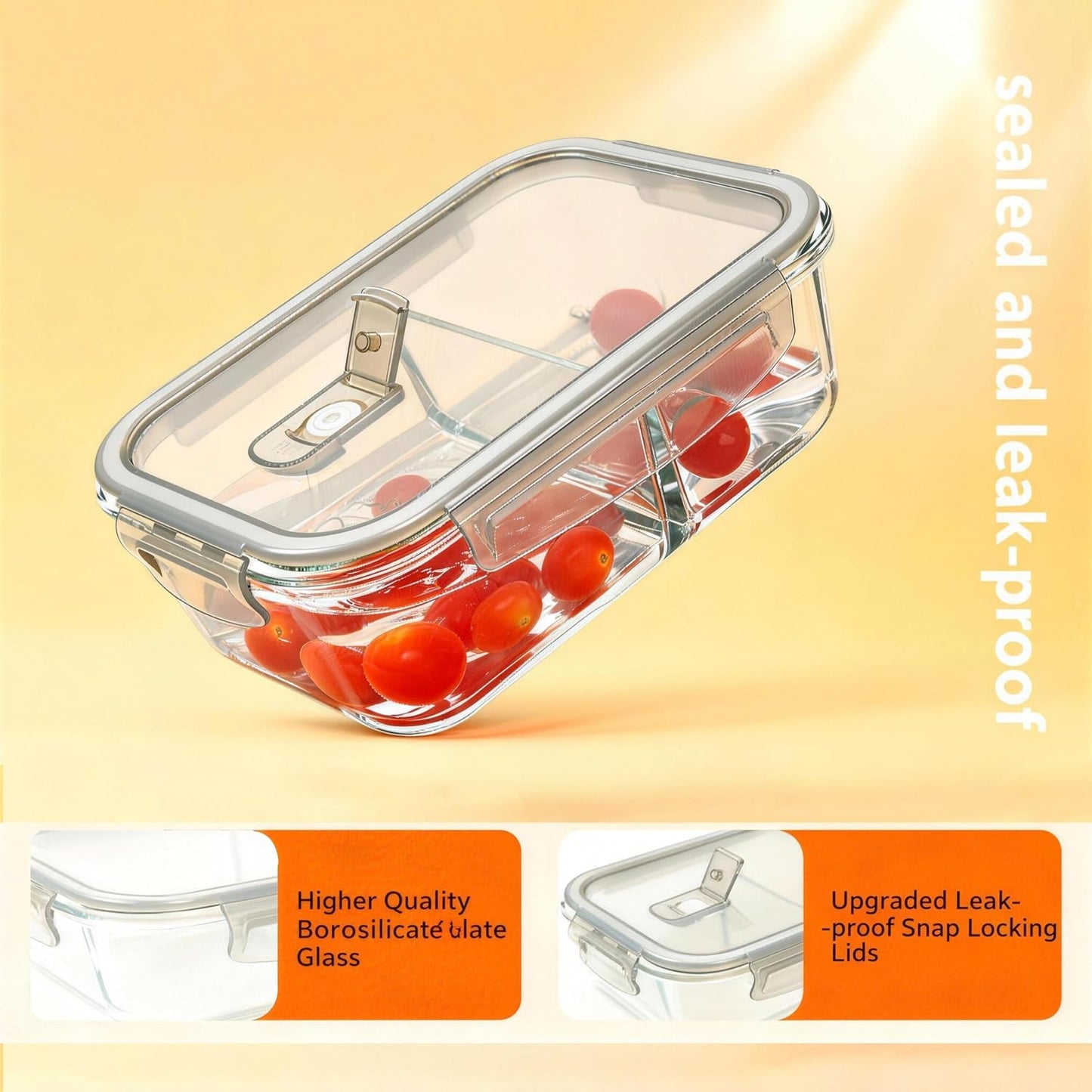 Glass Meal Prep Containers 5 Pack - Lunch Boxes with Leakproof Lids, Food Storage Containers, Bento Boxes, Gray (3 Compartment)