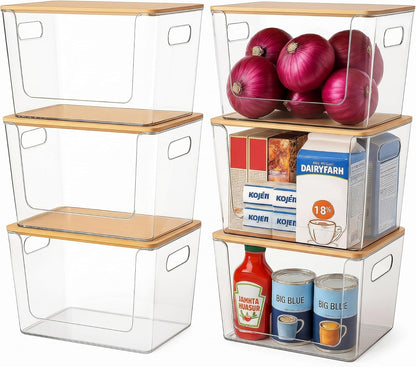 CiWiVOKi 6 Pack Clear Stackable Storage Bins with Bamboo Lids, 3.7L BPA-Free Plastic Organizer Containers with Handles, for Pantry, Kitchen, Fridge, Bathroom, Cabinet & Closet Organization