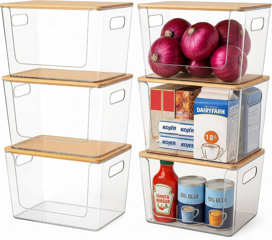CiWiVOKi 6 Pack Clear Stackable Storage Bins with Bamboo Lids, 3.7L BPA-Free Plastic Organizer Containers with Handles, for Pantry, Kitchen, Fridge, Bathroom, Cabinet & Closet Organization