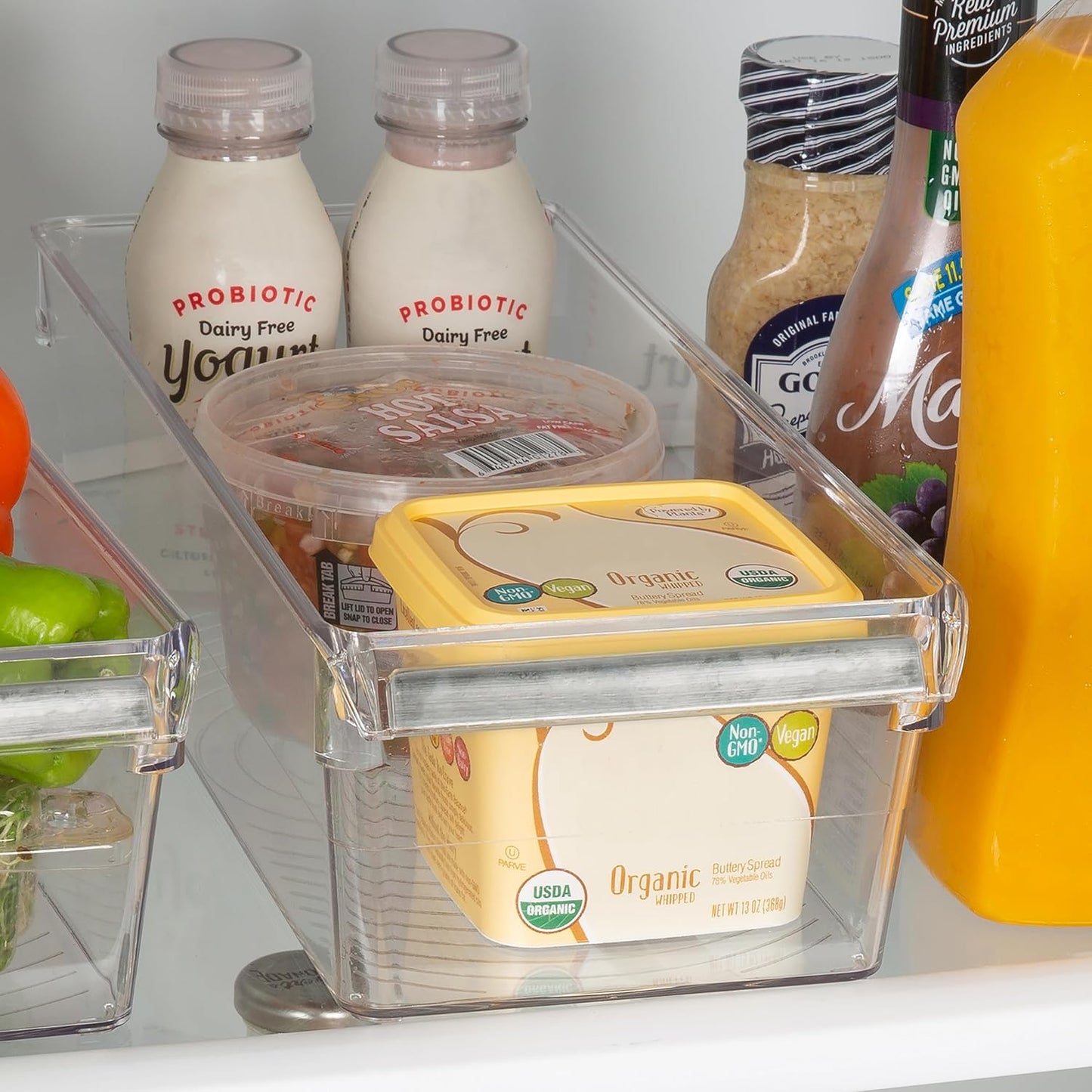 Kitchen Details 2 Pack Medium Refrigerator Storage Bin | Fridge & Freezer | Kitchen Organization | Stainless Steel Handle | Countertop | Cabinets | Pantry | Clear