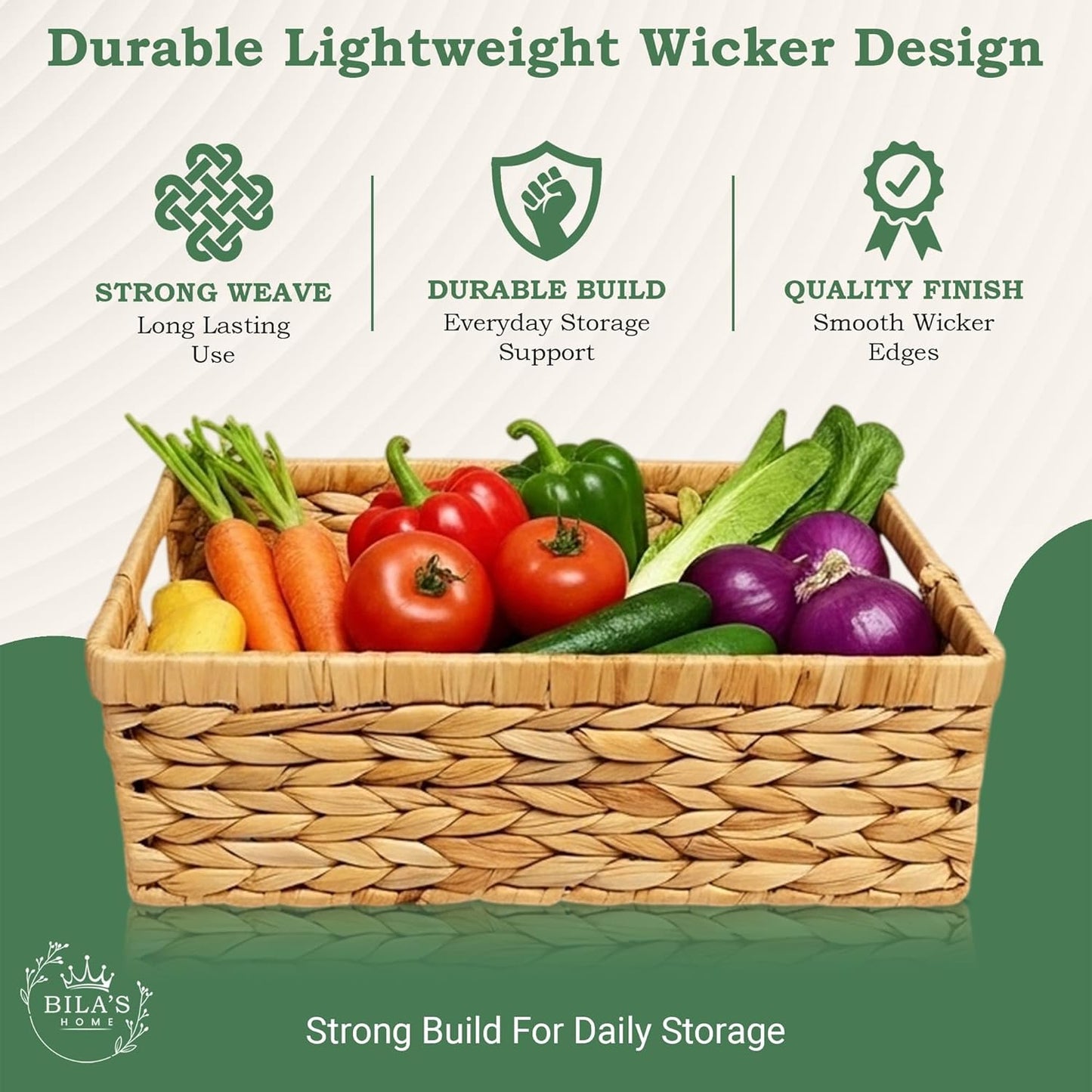 Water Hyacinth Storage Baskets – Handwoven Wicker Organizer with Built‑In Handles, Natural Decorative Basket for Shelves, Pantry, Bathroom, Bedroom