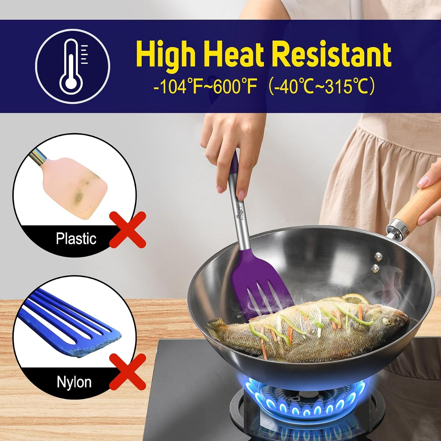 HOTEC Silicone Spatula Set of 2 Heat-Resistant 600°F & BPA-Free Kitchen SaptulaTurner with Stainless Steel Handles, Slotted & Solid Spatulas for Nonstick Cookware, 13.7 Inch, Classic Blue