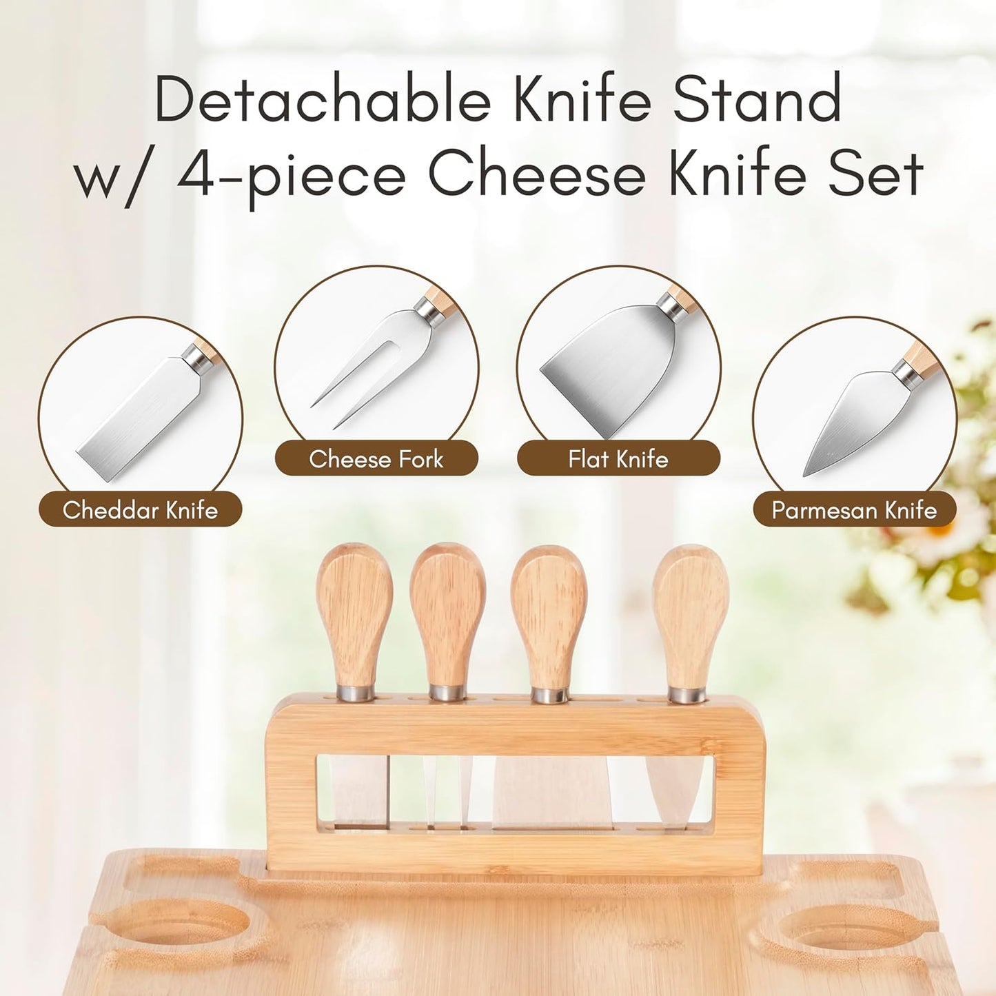 Charcuterie Picnic Table with Wine Glass Holder, Portable Wine & Cheese Board, 4-Piece Cheese Knife Set (Gold) w/Detachable Knife Stand, Bamboo Charcuterie Table, Hosting & Wine Gift