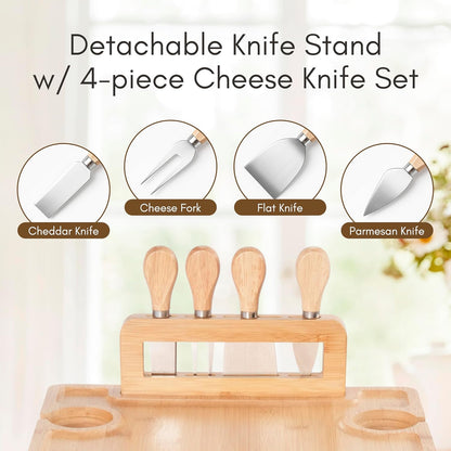 Charcuterie Picnic Table with Wine Glass Holder, Portable Wine & Cheese Board, 4-Piece Cheese Knife Set (Gold) w/Detachable Knife Stand, Bamboo Charcuterie Table, Hosting & Wine Gift