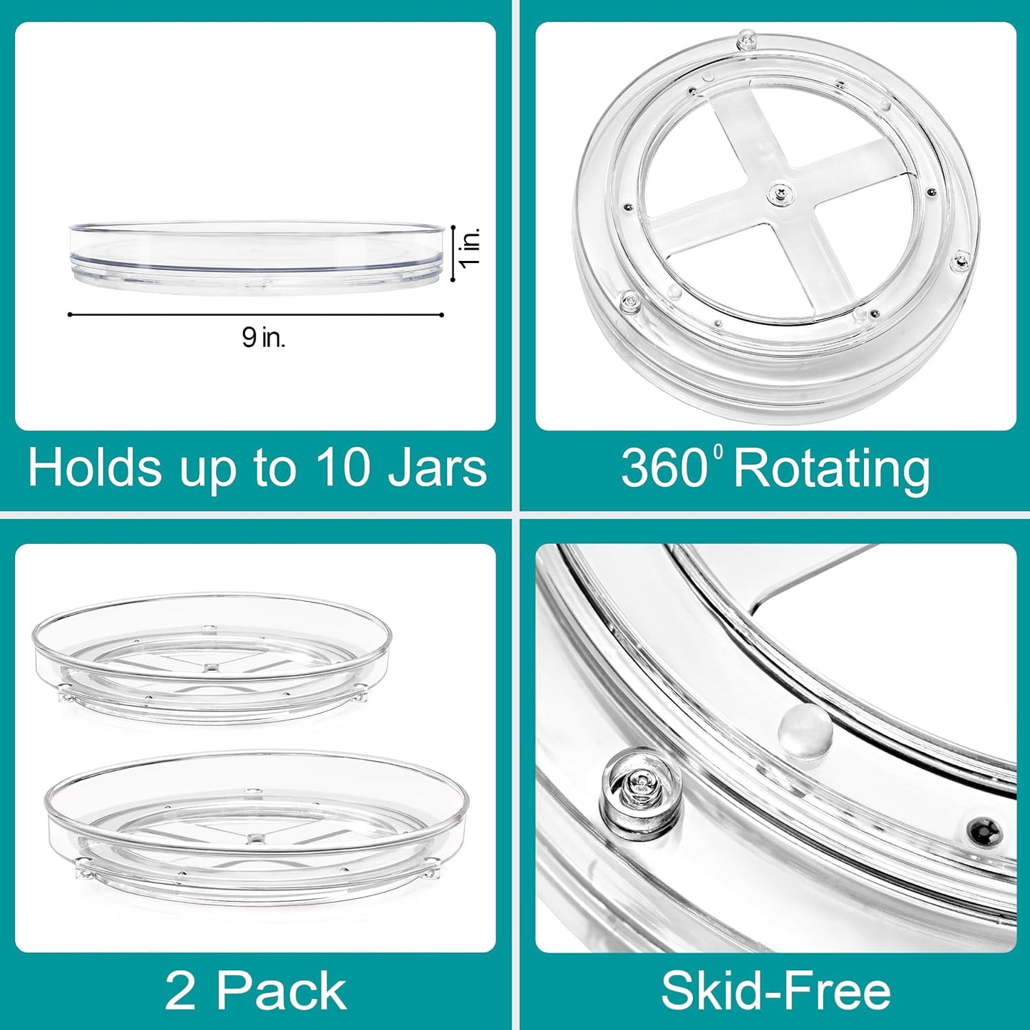 Sorbus 9 Inch Clear Lazy Susan Organizer Set, 2 Flat Turntable Organizer for Spice Organization for Cabinet, 1 Tall Lazy Susan for Kitchen, Home, Office, Closet, Classroom, Laundry Room Organization