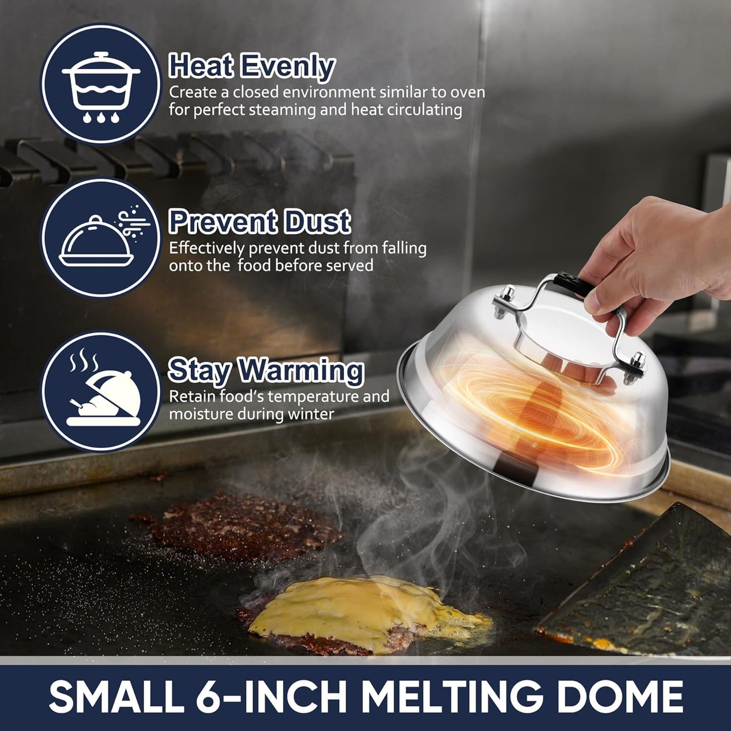 HaSteeL 6.5In Cheese Melting Dome, Stainless Steel Small Round Basting Steaming Cover, Heavy Duty Griddle Grill Accessories for Kitchen Cooking Flat Top BBQ Indoor & Outdoor, Dishwasher Safe - 4 Packs
