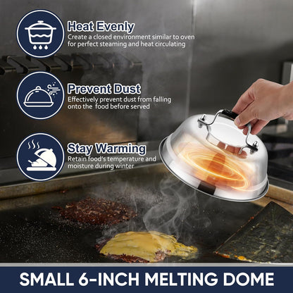 HaSteeL 6.5In Cheese Melting Dome, Stainless Steel Small Round Basting Steaming Cover, Heavy Duty Griddle Grill Accessories for Kitchen Cooking Flat Top BBQ Indoor & Outdoor, Dishwasher Safe - 4 Packs