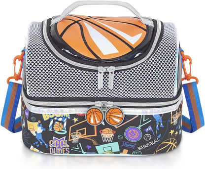 Kids Double Decker Cooler Insulated Lunch Bag, Back to School Large Meal Tote for Boys, Girls, Men, Women, with Adjustable Strap, Soccer