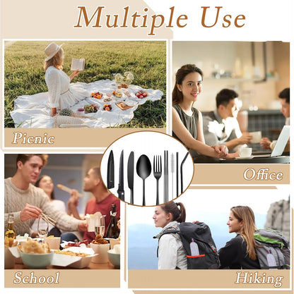 Portable Travel Utensils Set, 18/8 Stainless Steel 3 PCS Cutlery Set Including Knife Fork and Spoon, Reusable Travel Silverware Set with Case for Lunch Box Camping School Office