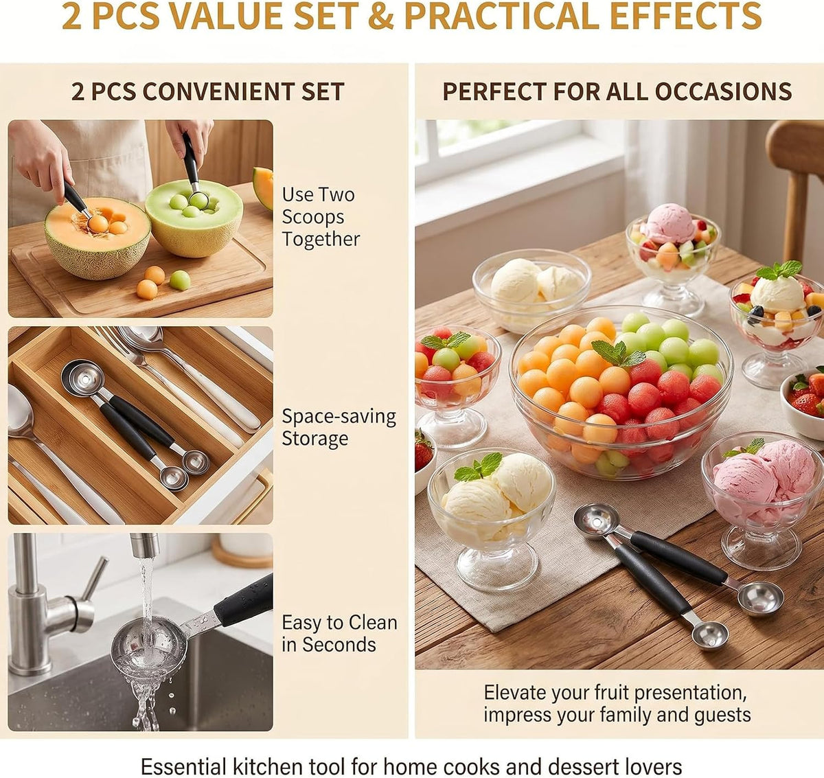 2 Pcs Stainless Steel Double-Ended Melon Baller Scoop