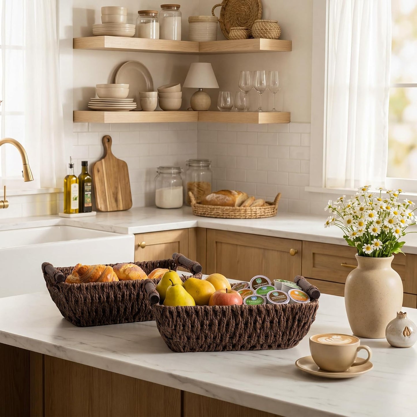 StorageWorks Hand-Woven Storage Baskets with Wooden Handles, Water Hyacinth Wicker Baskets for Organizing, 2 Pack
