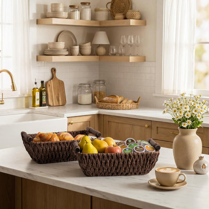 StorageWorks Hand-Woven Storage Baskets with Wooden Handles, Water Hyacinth Wicker Baskets for Organizing, 2 Pack