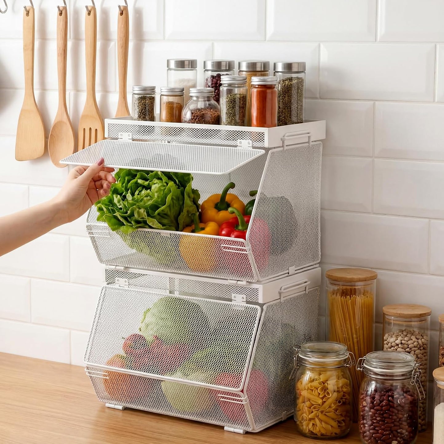 Teenyyou 2 Pcs Stackable Mesh Fruit Basket with Lid Wall Produce Vegetable Storage Basket Onion Potato Hanging Metal Wire Container for Kitchen Counter Pantry(Non-removable,Black,8.3" w & 13.8" l)