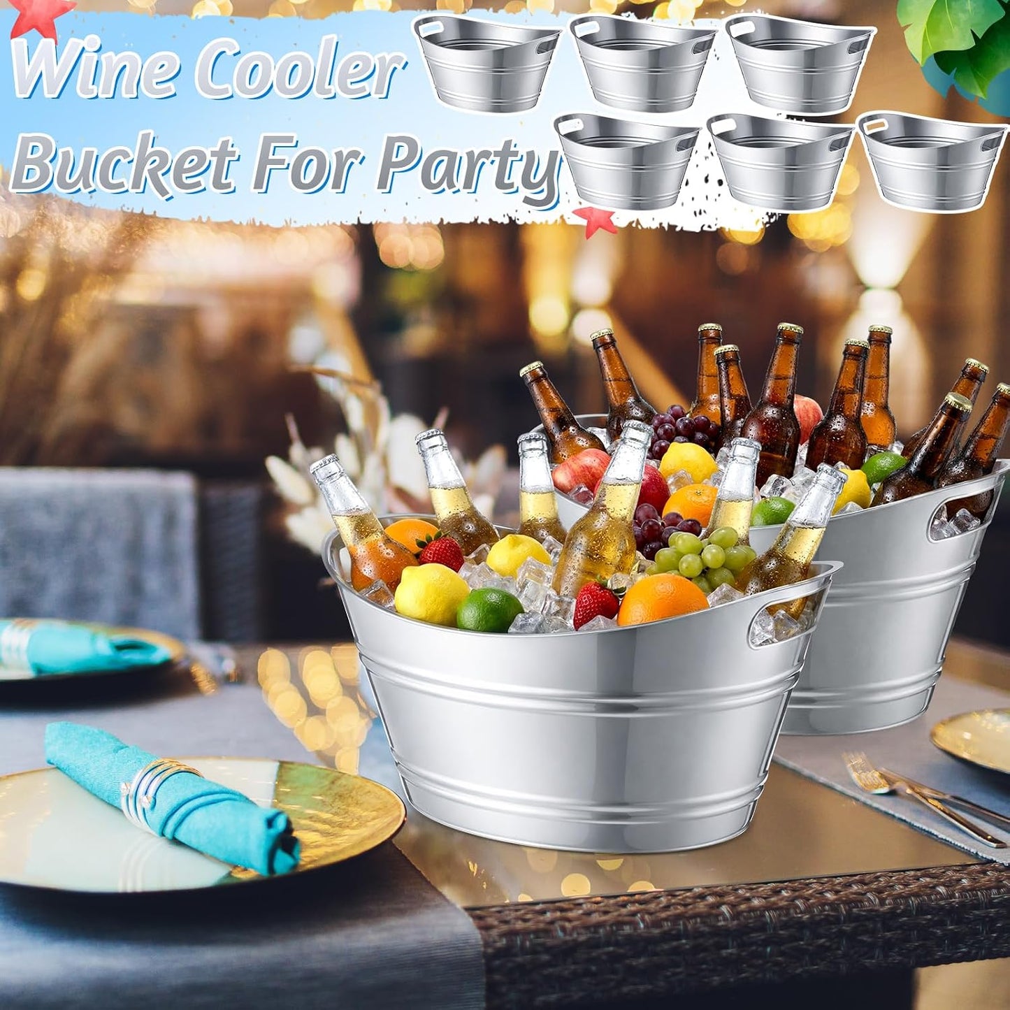 meekoo 6 Pcs Plastic Ice Buckets Bulk with Handles 4.5L Oval Storage Tub Large Capacity Ice Drink Bucket for Party Bar Wine Beer Champagne Beverage Bottle Cooler (4.5 L,Orange)