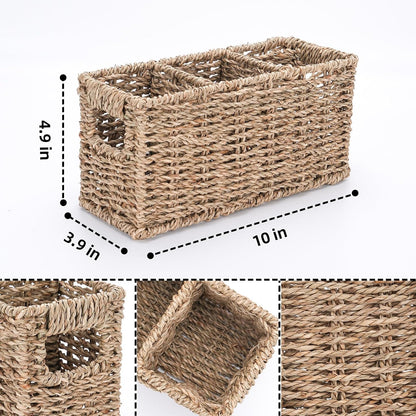 Wicker Party Silverware Caddy, Small Water Hyacinth Plastic Cutlery Utensil Holder, Hand Woven with Handles, Kitchen Countertop and Picnic flatware Organizer