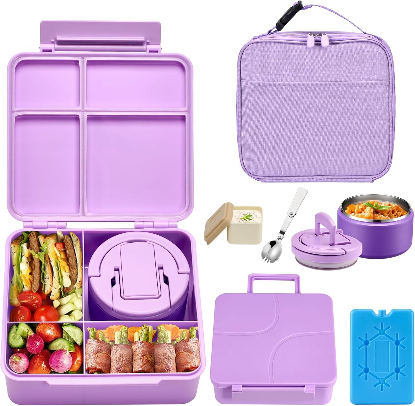 Bento Lunch Box with 8oz Soup Thermo,Kids Leakproof 4 Compartment Lunch Food Containers with Sauce Cup and Ice Pack,Kids Thermo Insulated Hot Food Jar and Lunch Bag for School,Trvael-Black