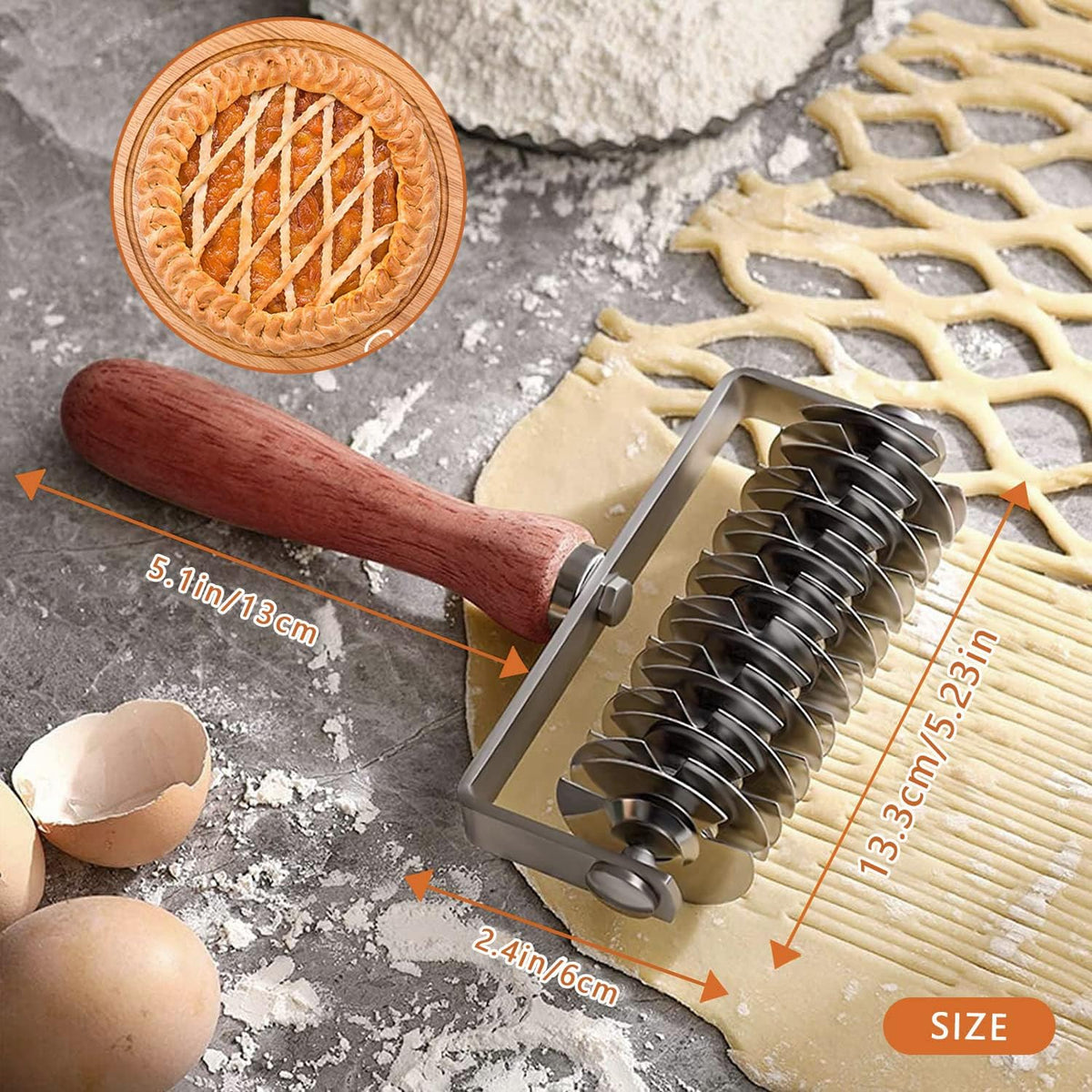 Stainless Steel Dough Lattice Top Cookie Pie Pizza Bread Pastry Crust Roller Cutter Holder Wooden Handle, Lattice Dough Cutter for Fishnet Crust