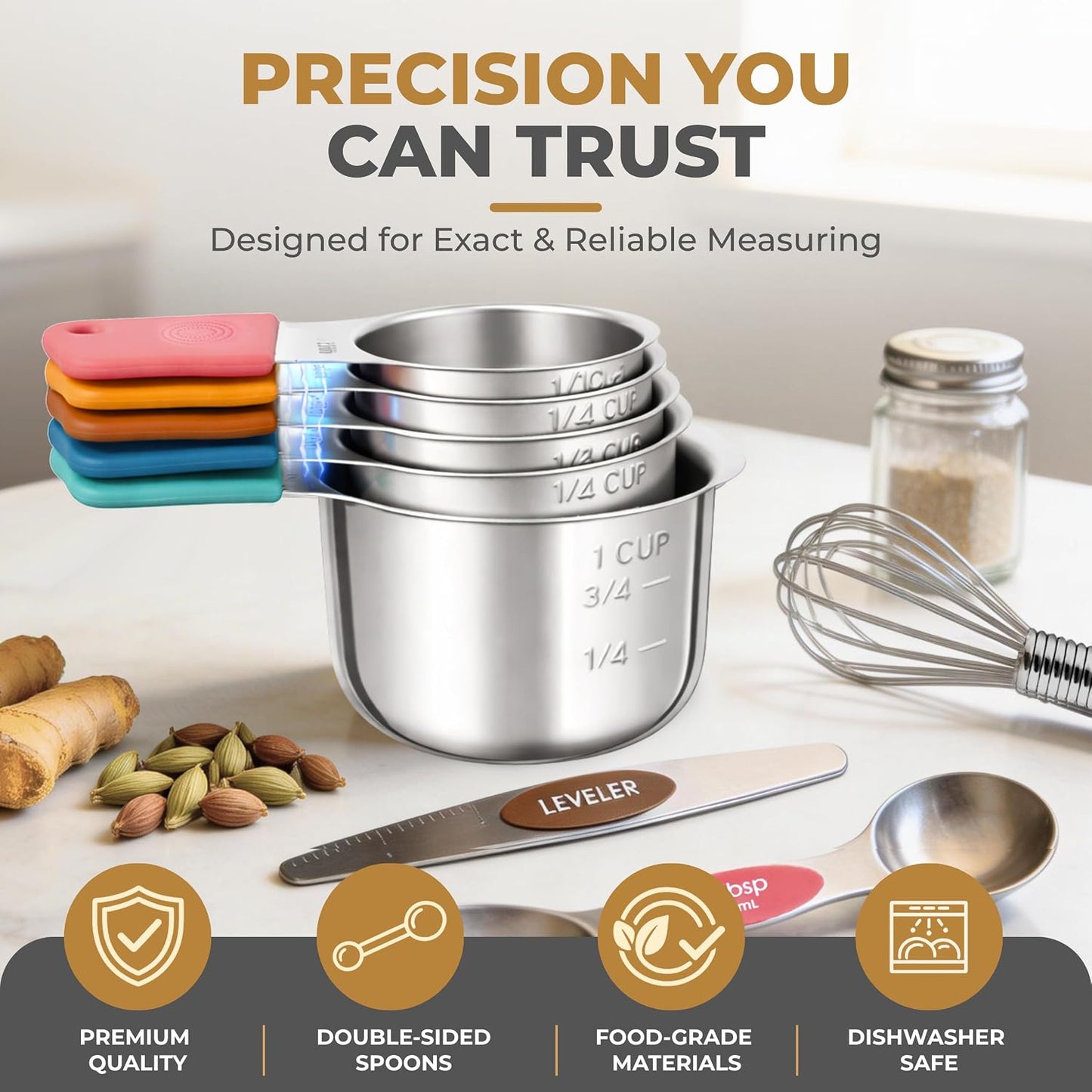 DIYORA Magnetic Measuring Cups and Spoons Set, 13-Piece 304 Stainless Steel Measuring Set with Leveler, Mini Whisk, Conversion Chart, Double-Sided Spoons for Baking and Cooking