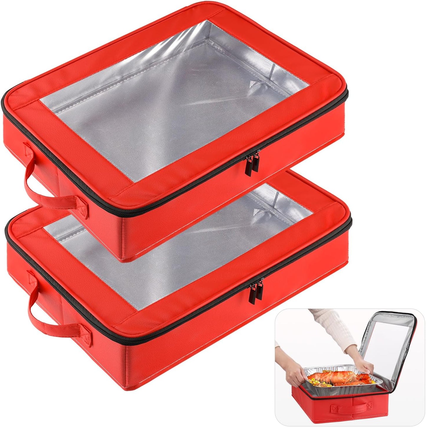 OUTXE 2 Pack 9x13 in Foil Pan Carrier with Lid, PU Leather Foil Pan Holder with Handle, Serving Tray for Food, Stackable Aluminum Pan Holder, for Travel, Potlucks, Parties, BBQ, Picnics, Home (Red)