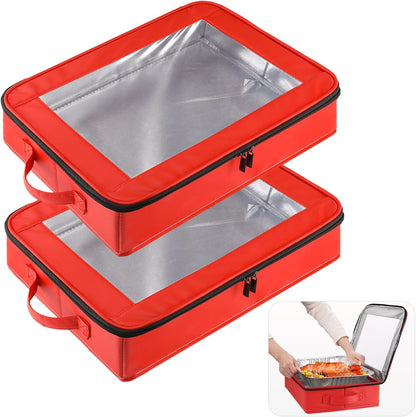 OUTXE 2 Pack 9x13 in Foil Pan Carrier with Lid, PU Leather Foil Pan Holder with Handle, Serving Tray for Food, Stackable Aluminum Pan Holder, for Travel, Potlucks, Parties, BBQ, Picnics, Home (Red)
