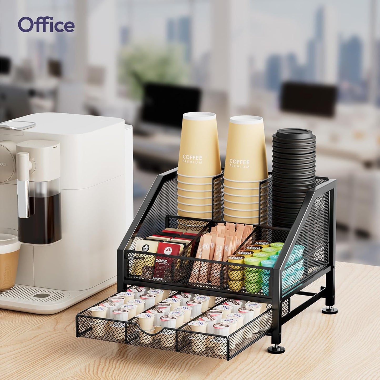 SWTYMIKI Coffee Bar Organizer for Countertop – Space-Saving Kcup Organizer with Tiered Shelves, Countertop Coffee Station for Pods, Sugar, Syrup, Cups, Stirrers, Mesh Condiment Storage
