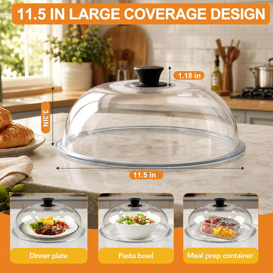 11.5in Tall Glass Microwave Splatter Cover for Food – Heat Resistant Plate Splatter Guard Lid with Vent Hole & Easy-to-Grip Handle – No Plastic, Dishwasher Safe – Borosilicate Glass