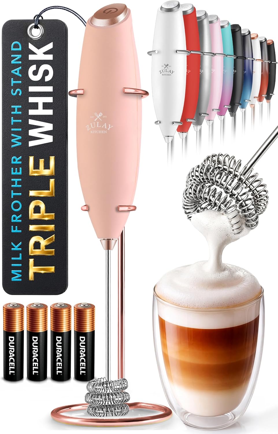 Zulay Kitchen Rechargeable Milk Frother Handheld - Frother Wand, Drink Mixer, Electric Whisk Frother, for Cappuccinos, Matcha & Protein Powder - Dynamic 3 Whisk, 3 Speed 500mAh Black - Colors D
