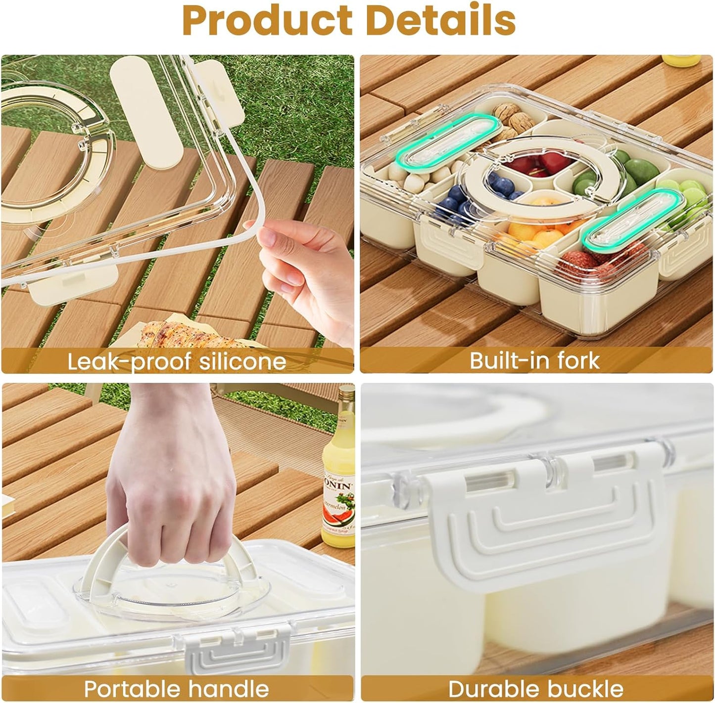 2 Pack Divided Serving Tray with lid and Handle, 8 & 4 Compartments Snackle Box with Utensils, Fridge Food Veggie Condiment Storage, Kitchen Clear Food Container for Picnic, Camping, School