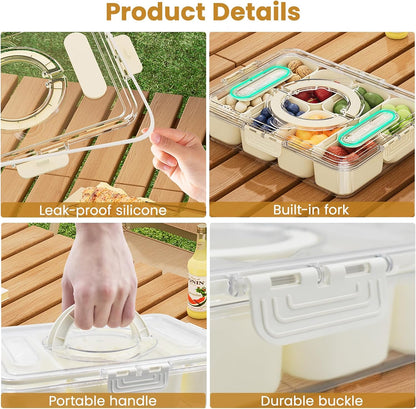2 Pack Divided Serving Tray with lid and Handle, 8 & 4 Compartments Snackle Box with Utensils, Fridge Food Veggie Condiment Storage, Kitchen Clear Food Container for Picnic, Camping, School